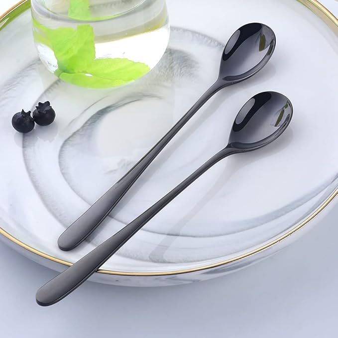 Buyer Star 8-Inch Long Handle Iced Tea Spoons, Ice Cream Spoon, Stainless Steel Cocktail Stirring Spoons, Set of 8 (Black)