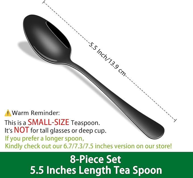 5.5 Inch Black Small Teaspoons,Set Of 8 Stainless Steel Coffee Spoons,Black Mini Spoons For Dessert,Cake,Durable Demitasse Spoon