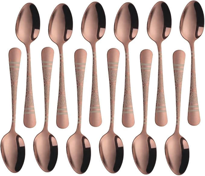 Rose Gold Unique Pattern Design Coffee Espresso Spoons Mini, Mingcheng Stainless Steel Small Teaspoons Silverware Set of 12, BISDARUN 5.5 Inches Food Spoons for Demitasse Dessert Tea
