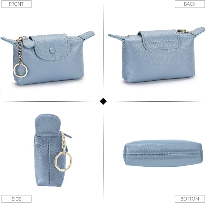 Genuine Leather Wallet Zipper Coin Purse Key Ring Card Organizer Compact Storage for Women (Blue)