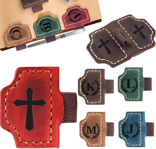 Custom Bookmark with Pen Holder with 26 Letters Personalized Magnetic Leather Book Mark, Customized Name Book Marker Clip with Initial for Men Women, Gifts for Book Lovers, Readers (Red, Cross-1)