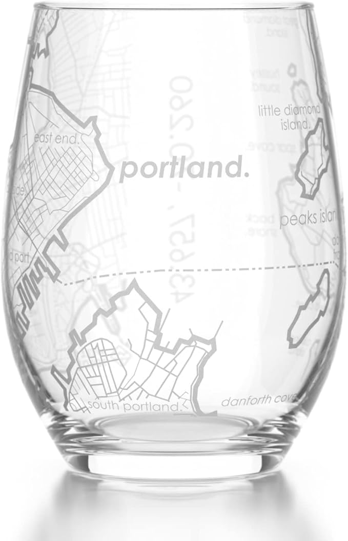 Well Told Engraved Portland Maine Map Stemless Wine Glass, Etched Glass (15 oz, Clear) City Custom Gifts for Lovers
