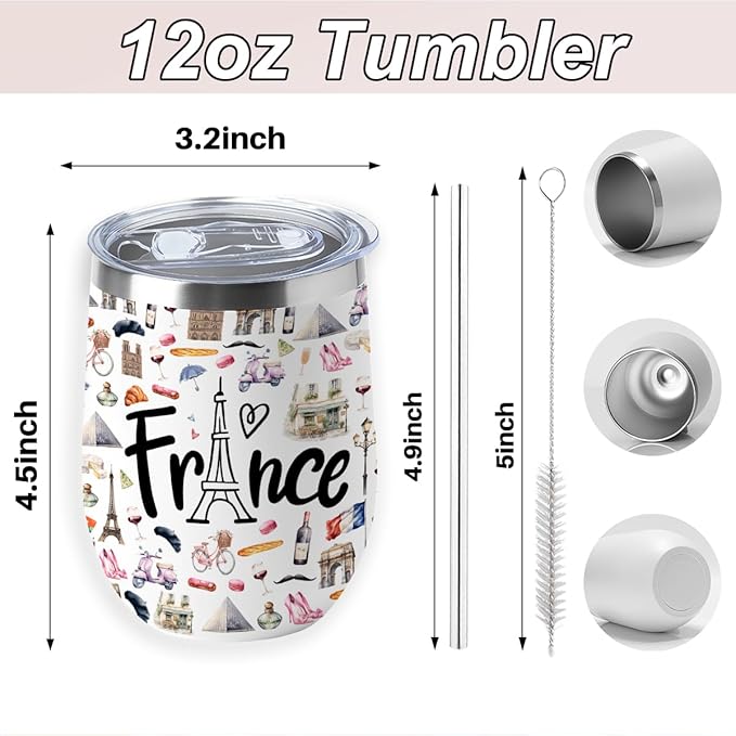 France Paris Travel Souvenir 12oz Insulated Cup with Lid Straw Wine Tumbler Double Wall Vacuum Insulated Travel Cup,Travel Weekender Gifts for Women Men Sister Bestie Girl Christmas Birthday Halloween