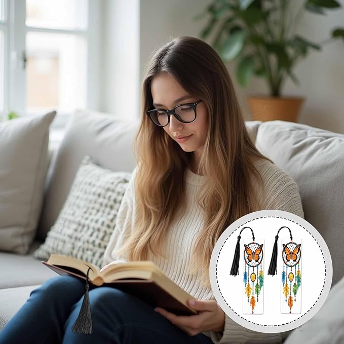 Tribal Dreamcatcher Bookmarks 5 Pcs Magic Tribal Feathers Butterfly Wooden Bookmark with Tassels for Reading Book Lovers Gift Office School Readers Teacher