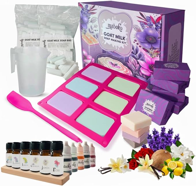 Maboko Goat Milk SOAP Making KIT for Adults – 2lb Pre-Cut Base, 6 Colors, 6 Scents, Silicone Mold, Pitcher & Gift Boxes – All-in-One DIY Soap Kit with Supplies