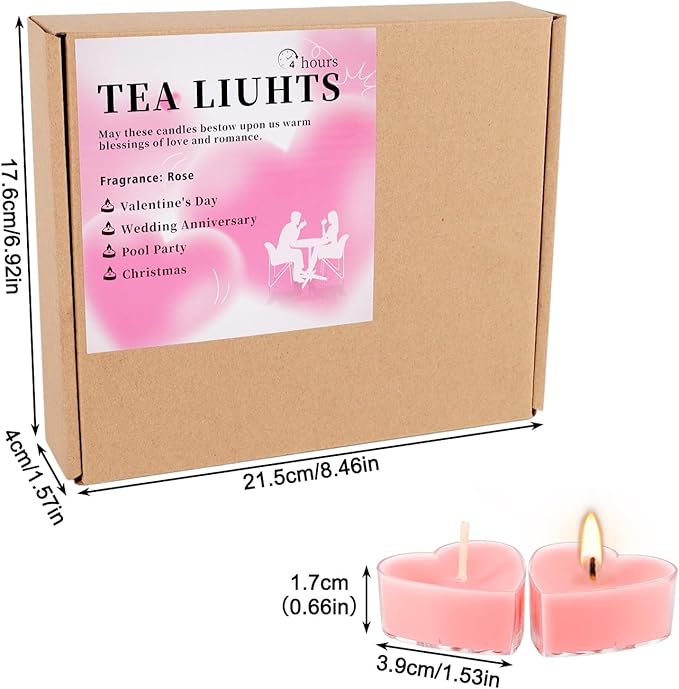 50Pcs Valentines Day Tealight Candles Rose Scented in Clear Cup,Love Pink Wax Votive Candle for Valentine's Day,Home Decor,Wedding, Anniversary, 4Hours Heart Shaped