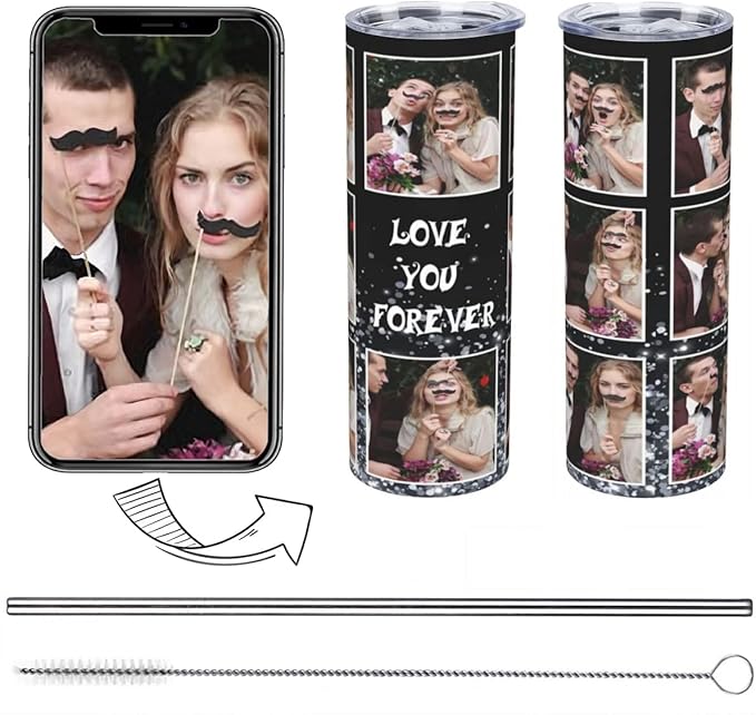 Personalized Custom tumbler Coffee Mug with Lid and Straw Hot and Cold Stainless Steel Vacuum Insulated Travel Mug with Photo Personalized tumbler Gift (20 oz, Cylinder, 8 photos)