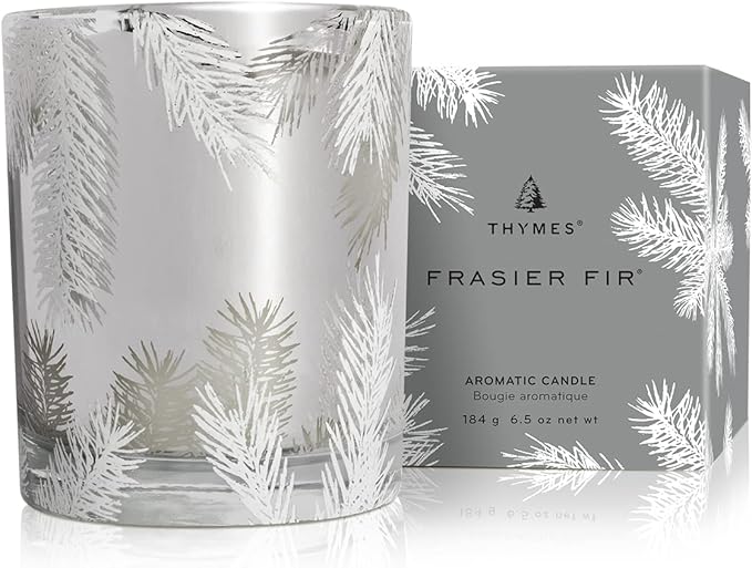 Thymes Frasier Fir Candle – Pine Needle Design – Holiday Scented Candle – Notes of Crisp Siberian Fir, Cedarwood & Sandalwood – Luxury Home Fragrance Gifts for Women & Men – Silver (Statement, 6.5 oz)