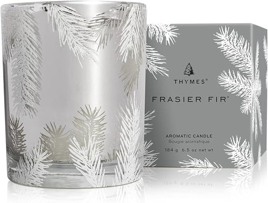 Thymes Frasier Fir Candle – Pine Needle Design – Holiday Scented Candle – Notes of Crisp Siberian Fir, Cedarwood & Sandalwood – Luxury Home Fragrance Gifts for Women & Men – Silver (Statement, 6.5 oz)