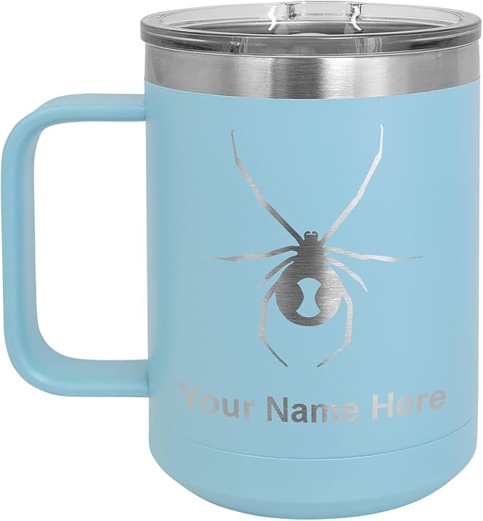 LaserGram 15oz Vacuum Insulated Coffee Mug, Widow Spider, Personalized Engraving Included (Light Blue)