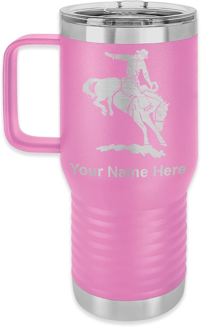 LaserGram 20oz Vacuum Insulated Travel Mug with Handle, Bronco Rider, Personalized Engraving Included (Light Purple)
