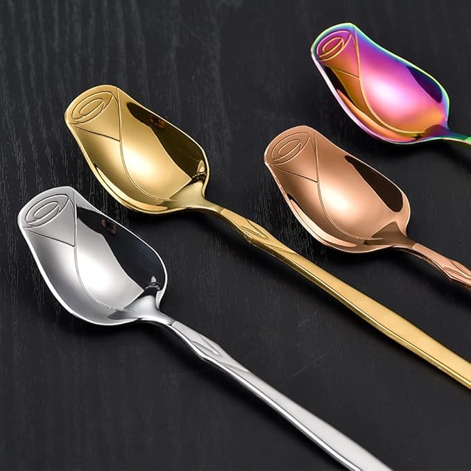 Stainless Steel 5-Piece Rose Flower Shaped Spoon Set - Coffee, Dessert, Ice Cream & Tea Spoons - Cute Multicolor Gift