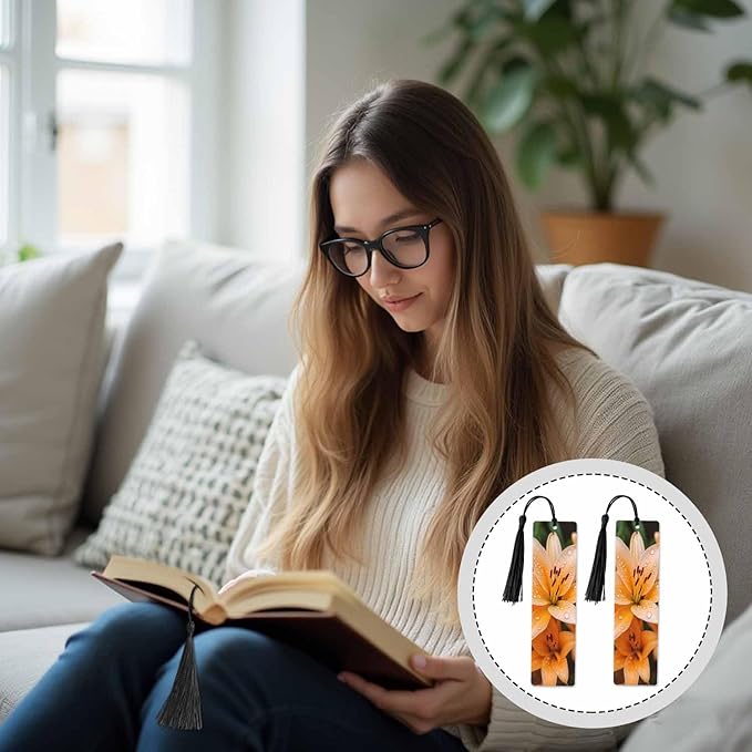 Lily Flowers Bookmarks 5 Pcs Fresh Orange Flower Green Leaves Water Drops Wooden Bookmark with Tassels for Reading Book Lovers Gift Office School Readers Teacher