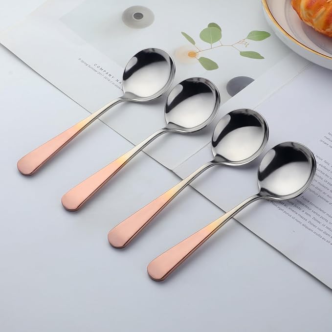 Buyer Star 8 Pieces Stainless Steel Round Soup Spoon, 6.3 Inch Mirror Polished Spoon Cutlery, Dishwasher Safe (Gradual Rose Rold)