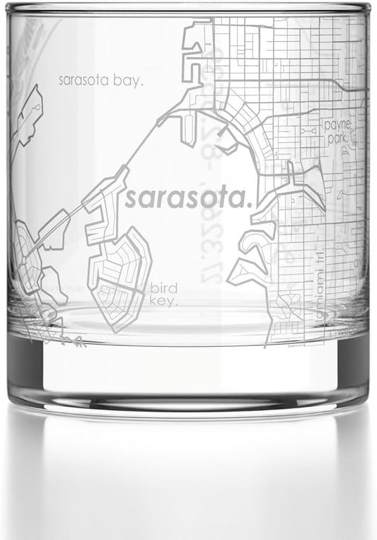 Well Told Engraved Sarasota Florida Map Rocks Glass, Old Fashioned Glassware (11 oz, Clear) Etched Bourbon Tumbler, Gifts For Whiskey Lovers