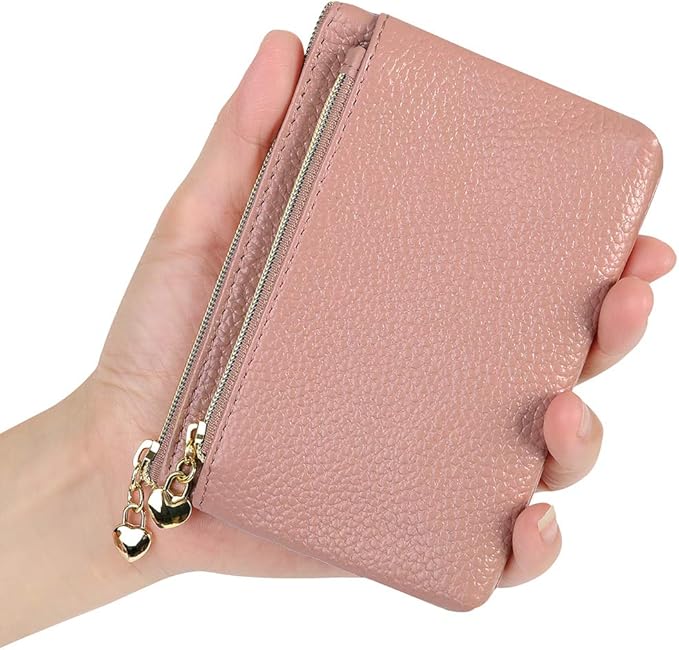 Women's Genuine Leather Coin Purse Zipper Pocket Size Pouch Change Wallet, Dark Pink