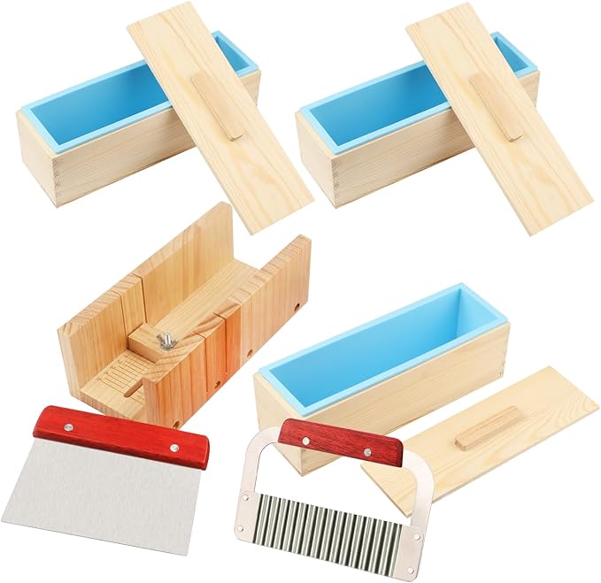 Premium Soap Making Kit with 3PCS 42oz Silicone Moldss & Wooden Box & Two Cutter, Complete Crafting Set for Pour or Cold Process Soap, by GNIEMCKIN