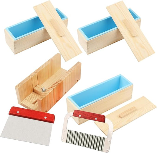 Premium Soap Making Kit with 3PCS 42oz Silicone Moldss & Wooden Box & Two Cutter, Complete Crafting Set for Pour or Cold Process Soap, by GNIEMCKIN