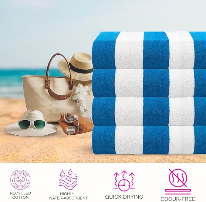 CASA COPENHAGEN Cabana Towel Designed in Denmark Rough and Tough, Quick Dry, Beach, Pool, Bath & Shower 30x60 inches 4 Pieces Cotton Beach Bath Towels Set - Turquoise