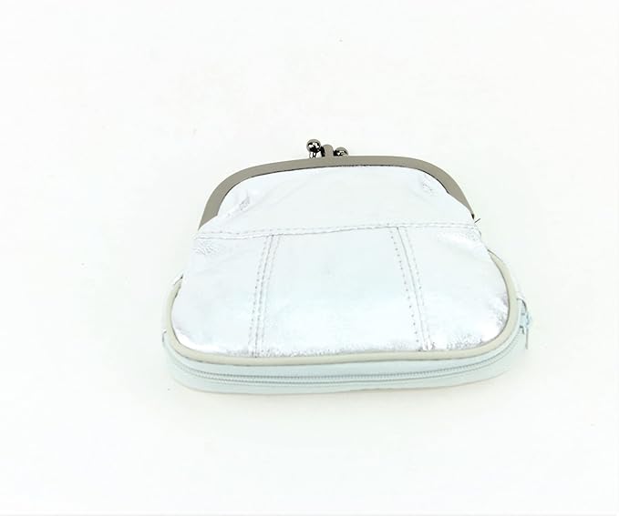 Leather Impressions Double Coin Purse for Women - Genuine Leather Coin Purse with Twist Clasp, 1 zipper pocket, 1 pack lightweight - Timeless clean stitched Small Coin Purse (Silver)…