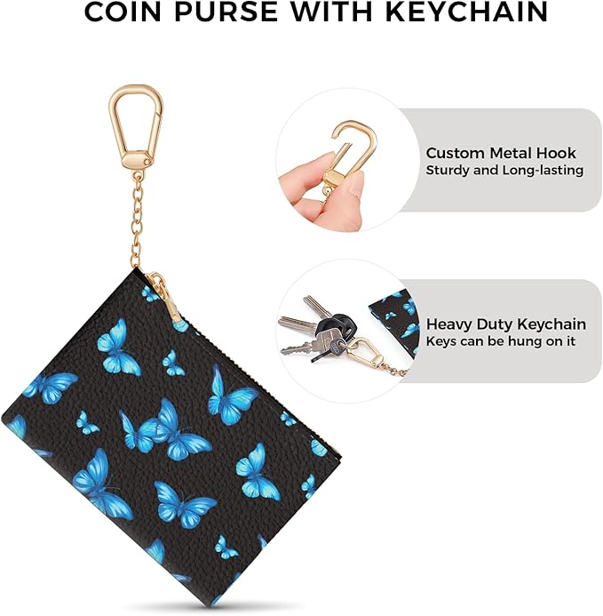 Blue Butterfly Keychain Coin Purse for Women, Small PU Leather Change Pouch, Zipper Little Tiny Travel Wallet for Girls, Cute Kawaii Zip Pocket Coin Holder with Key Ring