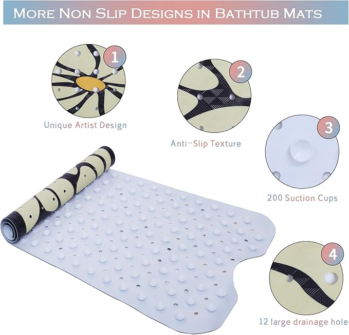 Floral Bathtub Mat Non Slip for Kids Botanical Extra Long Anti Slip Bath Mat for Tub Abstract Flower Bath Shower Mat with Large Drain Holes and Suction Cups Quality Plant Design Bathroom Decor 40x16in