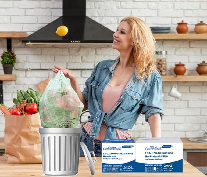 BEIDOU-PAC 1.6 Gallon Compostable Trash Bags with Handle, 125 Count Small Compost Bags, Biodegradable Kitchen Garbage Bags, Food Scrap Waste Bags for Countertop Bin, ASTM D6400, US BPI Certified