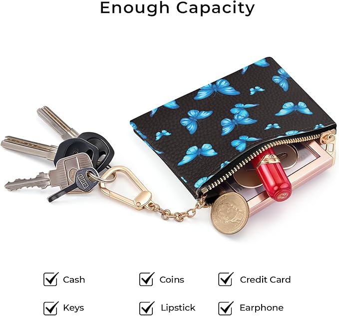 Blue Butterfly Keychain Coin Purse for Women, Small PU Leather Change Pouch, Zipper Little Tiny Travel Wallet for Girls, Cute Kawaii Zip Pocket Coin Holder with Key Ring