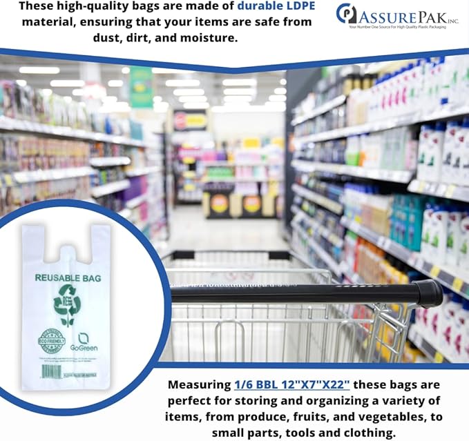 ASSUREPAK White PP Non Woven Reusable Bags - 200 Bags - 1/6 BBL 12"X7"X22" - 45 GSM - White - WHT12722PPNWRB45