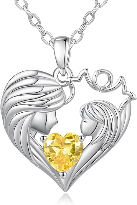 Mother and Daughter/Son Love Heart Necklace White Gold/14K Gold/Rose Gold Birthstone Jewelry Christmas Mothers Day Birthday Gifts For Mom Wife Grandma Women