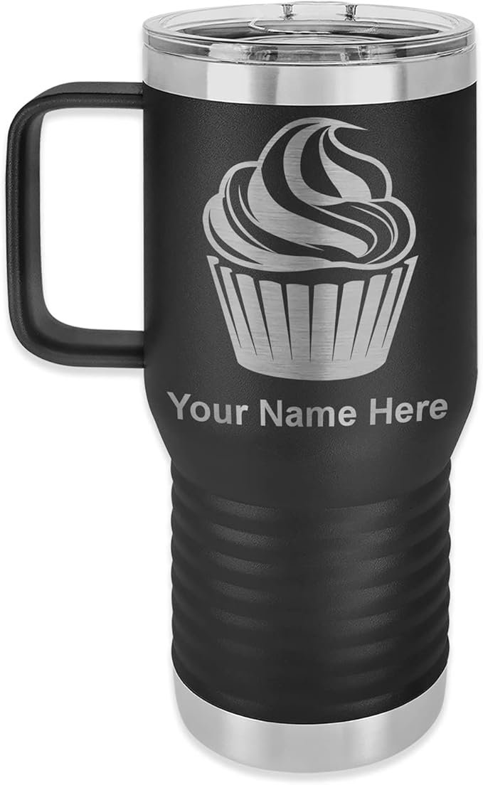 LaserGram 20oz Vacuum Insulated Travel Mug with Handle, Cup Cake, Personalized Engraving Included (Black)