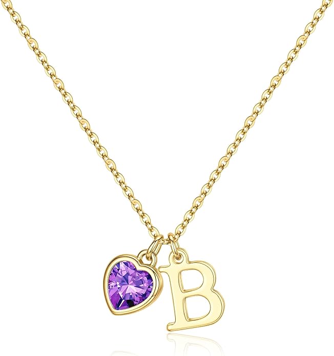 Turandoss Valentines Day Gifts for Her Trendy, Dainty 14K Gold Plated Initial A-Z Heart Birthstone Pendant Necklace Personalized Bridesmaid Birthday Valentines Jewelry Gifts for Women Girls