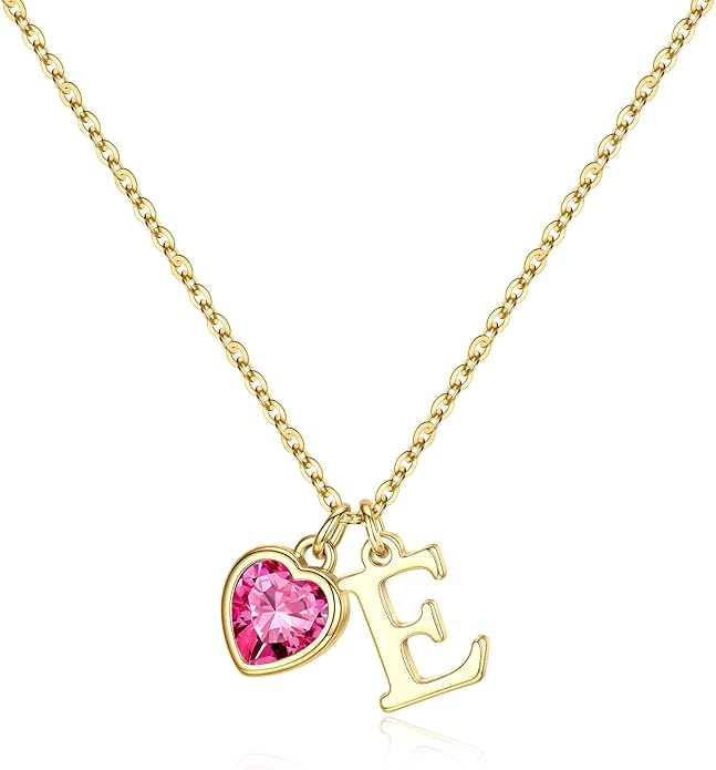 Turandoss Valentines Day Gifts for Her Trendy, Dainty 14K Gold Plated Initial A-Z Heart Birthstone Pendant Necklace Personalized Bridesmaid Birthday Valentines Jewelry Gifts for Women Girls