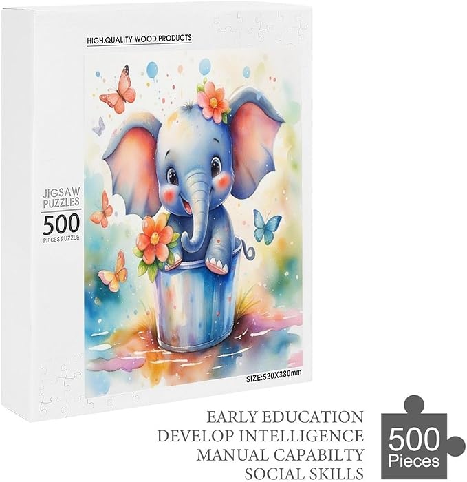 Wooden Puzzles 500 Piece，Colorful Happy Elephant Themed Jigsaw Puzzles，Educational Games，Family Puzzles，Unique Gifts for Wall Art，Funny Puzzles，Stress Relief Games，Puzzle Games