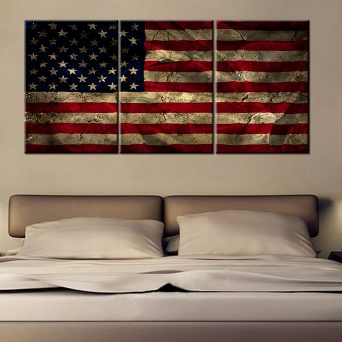 Native American Wall Decor Vintage USA Flag Grunge Paintings for Living Room Patriotic Concept Pictures 3 Panel Red Canvas Artwork Giclee Home Decoration Frame Stretched Ready to Hang (60''Wx28''H)
