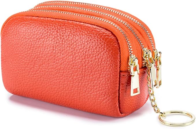 LINNO 3 Zippered Genuine Leather Coin Purse Triple Capacity Change Pouch Little Travel Wallet With Key Ring for Women