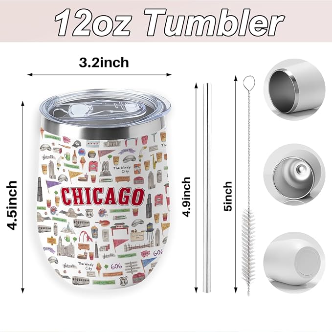 Chicago Gifts Travel Souvenir Wine Tumbler 12 oz Insulated Wine Glass Cup with Lid Straw Vacuum Insulated Cup,Travel Lover Gifts for Women Men Friend Sister Birthday Christmas Appreciation