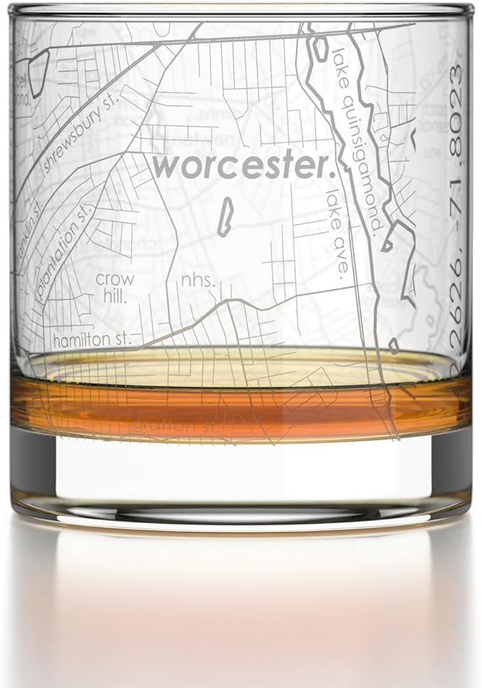 Well Told Engraved Worcester Massachusetts Map Rocks Glass, Old Fashioned Glassware (11 oz, Clear) Etched Bourbon Tumbler, Gifts For Whiskey Lovers