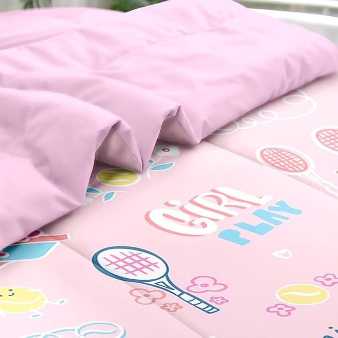 Comforter Set Twin Size, Cute Tennis Pink 5 Pcs Bedding for Kids and Adults, Rainbow Ball Flower Bed Sheet Sets with Fitted Sheet Pillowcase & Sham for Bedroom Bed Decor