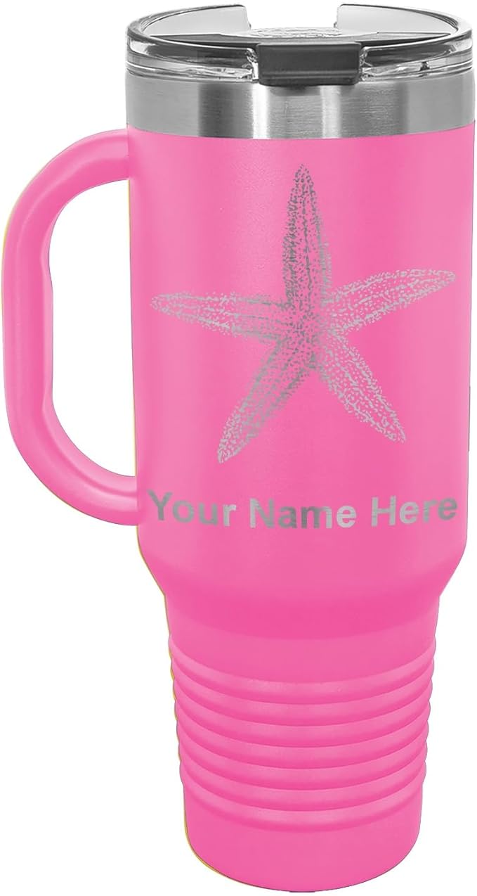 LaserGram 40oz Vacuum Insulated Travel Mug with Handle, Starfish, Personalized Engraving Included (Pink)
