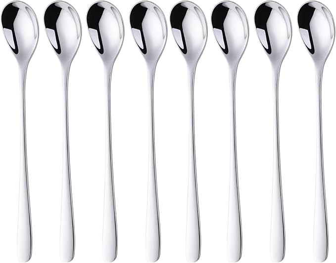 Buyer Star 8-Inch Long Handle Iced Tea Spoons, Ice Cream Spoon, Stainless Steel Cocktail Stirring Spoons, Set of 8 (Silver)