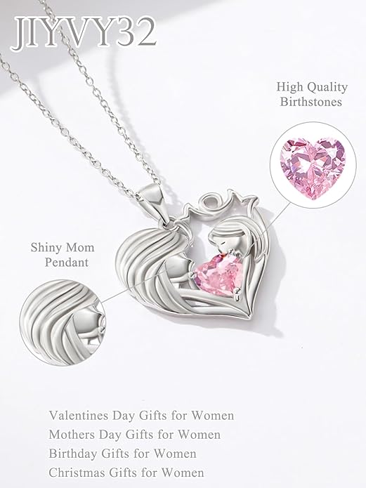 Mother and Daughter/Son Love Heart Necklace White Gold/14K Gold/Rose Gold Birthstone Jewelry Christmas Mothers Day Birthday Gifts For Mom Wife Grandma Women