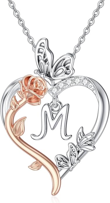 TOUPOP Rose Heart Necklaces Gifts for Women 925 Sterling Silver Butterfly Heart Initial Necklace Anniversary Valentines Day Birthday Jewelry Gifts for Mom Her Wife Girlfriend Daughter