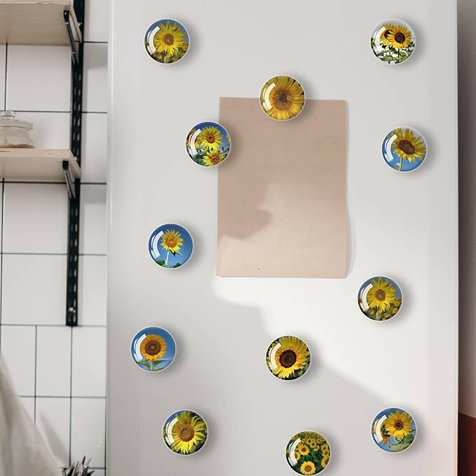 12Pcs Glass Refrigerator Magnets - Fridge Magnets Decoration for Classroom, Locker, Office Whiteboards, Cabinet, Dishwasher and Magnetic Surfaces (Sunflower)