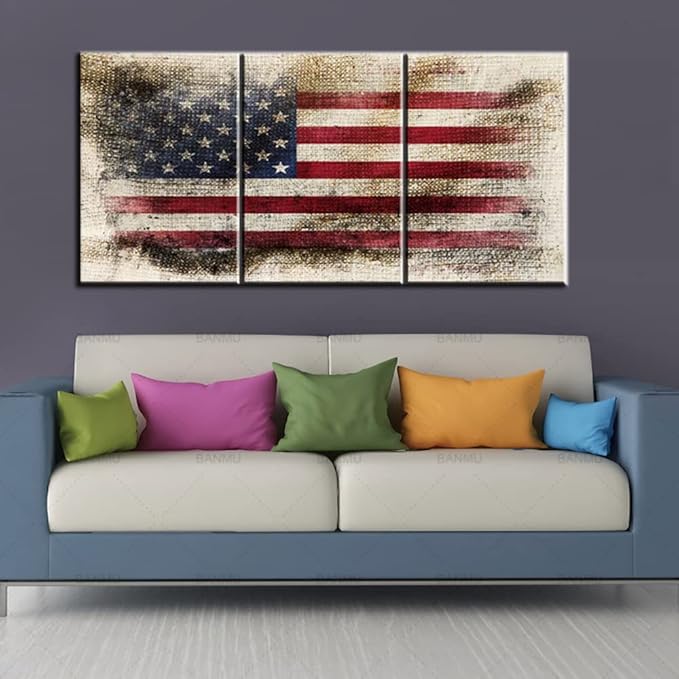 Native America Flag Pictures for Living Room USA Flags Grunge Paintings HD Prints Star Stripe Retro Wall Art on Canvas Patriotism Modern Artwork Wooden House Decor Framed Ready to Hang(42''Wx20''H)