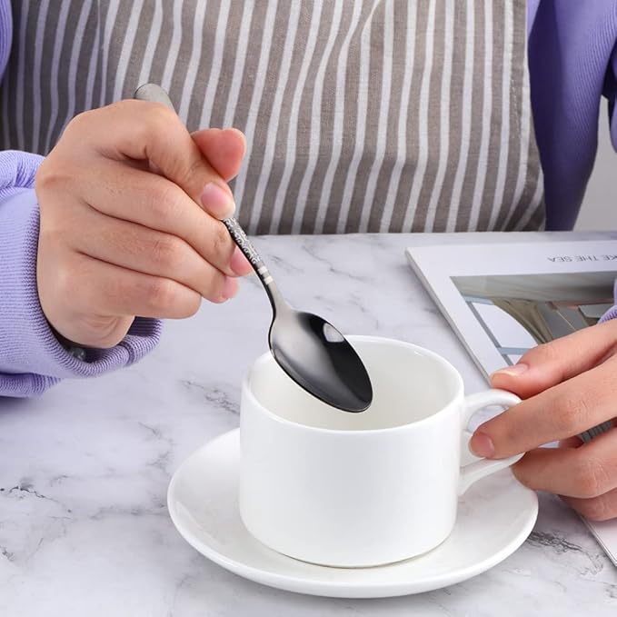 Black Unique Pattern Design Coffee Espresso Spoons Mini, Mingcheng Stainless Steel Small Teaspoons Silverware Set of 6, BISDARUN 5.5 Inches Food Spoons for Demitasse Dessert Tea