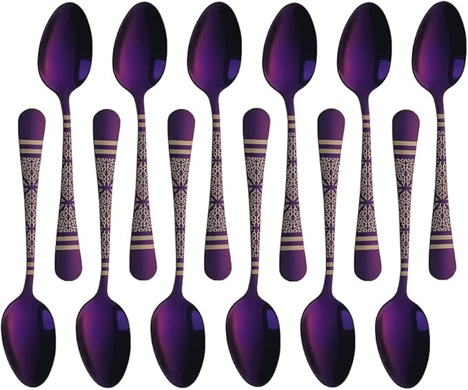 Purple Unique Pattern Design Coffee Espresso Spoons Mini, Mingcheng Stainless Steel Small Teaspoons Silverware Set of 12, BISDARUN 5.5 Inches Food Spoons for Demitasse Dessert Tea