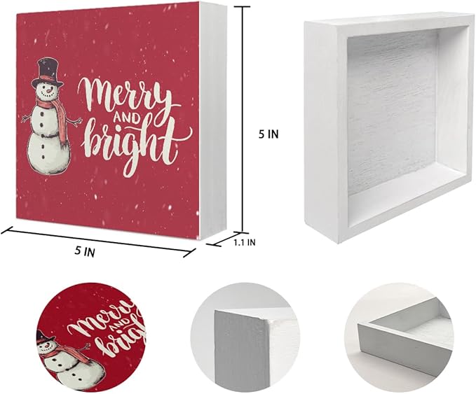 Mtrgdn Christmas Snowman Decor, Merry Christmas Decorations Indoor, Christmas Decor for Table Wood Box Sign,winter Decor for Home Table ,Red Farmhouse Winter Wooden Decorations Merry and Bright