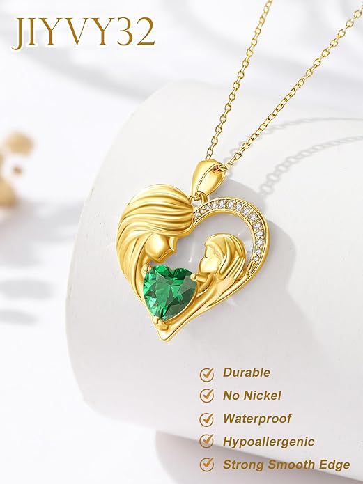 Mother and Daughter/Son Love Heart Necklace White Gold/14K Gold/Rose Gold Birthstone Jewelry Christmas Mothers Day Birthday Gifts For Mom Wife Grandma Women