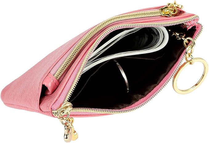 Women's Genuine Leather Coin Purse Zipper Pocket Size Pouch Change Wallet, Pink